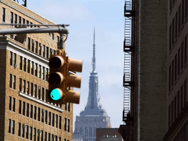 New York City skyline with traffic light