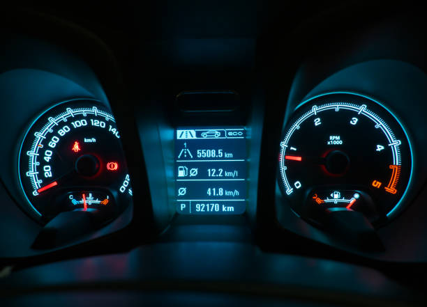 istock Close up shot of a speedometer and interior modern car console. 839003186