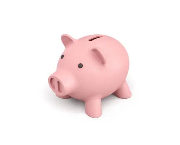 Photo of 3d rendering of a pink ceramic piggy bank isolated on white background