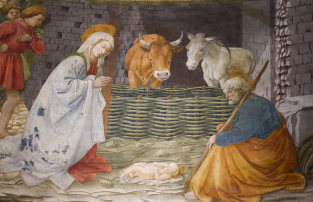 Spoleto, Umbria, Italy: Cathedral Fresco by Filippo Lippi Spoleto, Umbria, Italy: Detail of 15th-century fresco (Nativity) by Filippo Lippi in the Santa Maria Assunta Cathedral in Spoleto (Perugia Province). The painting is part of the fresco cycle called Life of the Virgin. nativity scene photos stock pictures, royalty-free photos & images