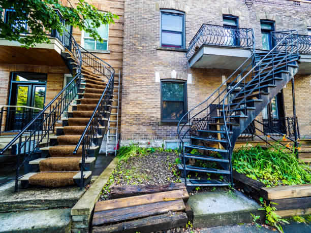 Typical Montreal neighborhood street with staircases stock photo