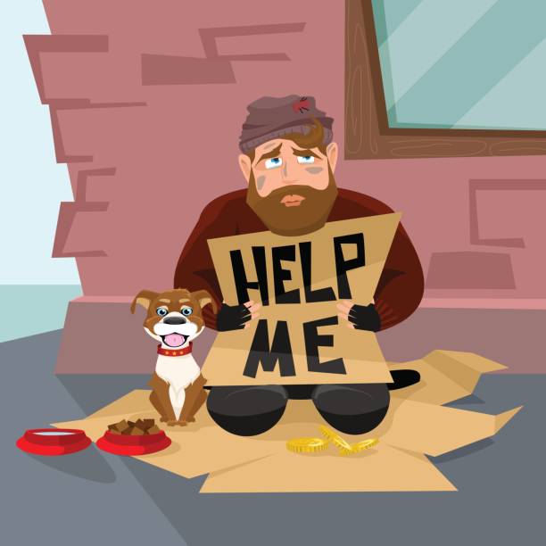 物乞いとの助けを必要とする犬とホームレス分離ベクトル図 - dirty paper paper plate food点のイラスト素材／クリップアート素材／マンガ素材／アイコン素材
