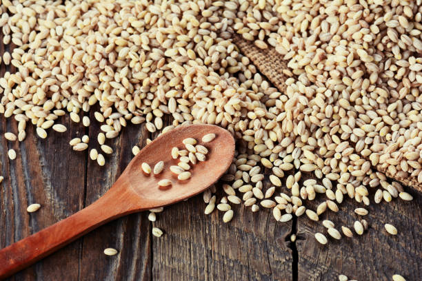 istock Pearl barley grain seed on wooden background 839021612