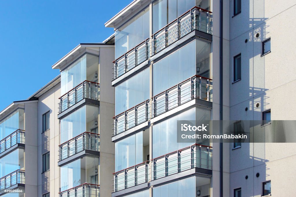 Balconies in apartment residential building Balconies at apartment residential building Balcony Stock Photo