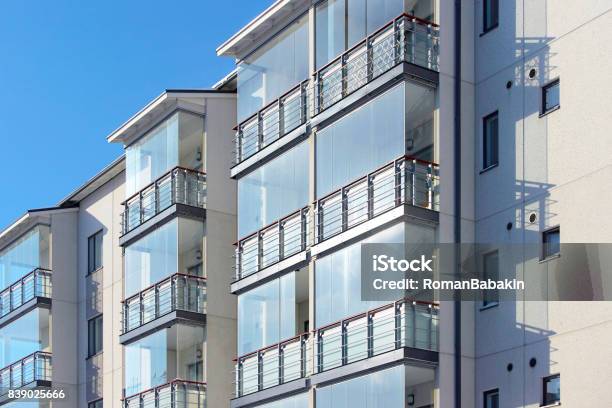 Balconies In Apartment Residential Building Stock Photo - Download Image Now - Balcony, Glass - Material, Finland