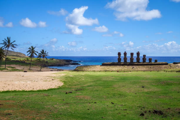 istock Anakena palm beach and Moais statues site ahu Nao Nao, easter island 839028534