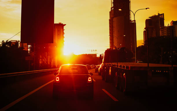 istock Busy city silhouette traffic road . Evening scene . 839037366