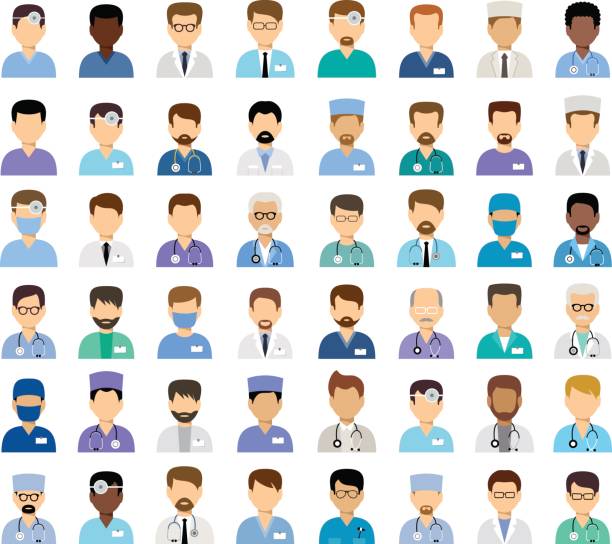 illustrazioni stock, clip art, cartoni animati e icone di tendenza di avatar medici da uomo - doctor healthcare and medicine nurse team