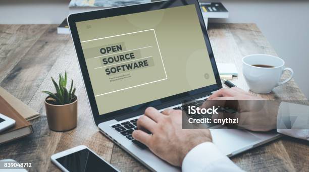Open Source Software Concept Stock Photo - Download Image Now - Receiving, Open, Laptop