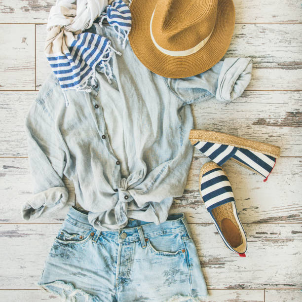 istock Summer outfit flatlay, parquet background, top view, square crop 839048860
