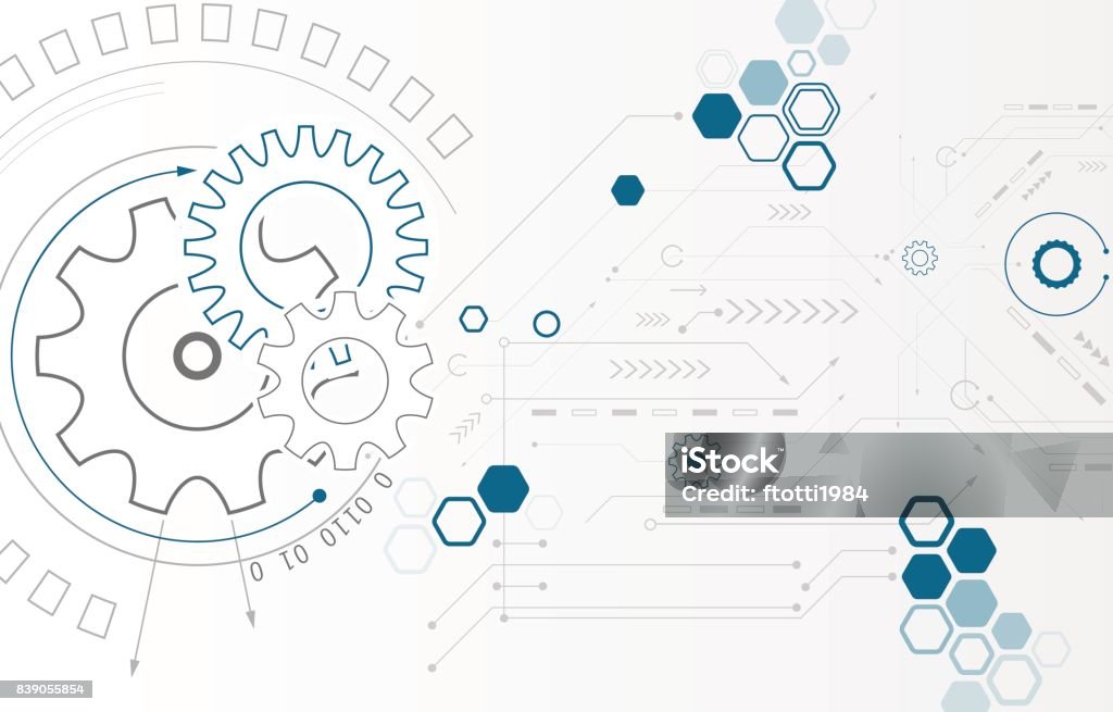 Abstract background. Technological concept banner. Abstract background with gear wheels. Vector technology concept with arrows and circuit board. Computer-Aided Manufacturing stock vector