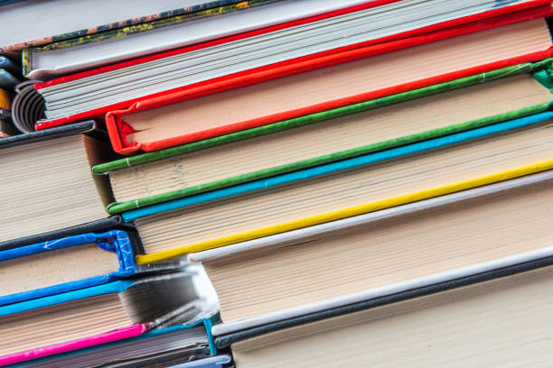 istock Stack of books on a shelf, multicolored book spines. 839056192