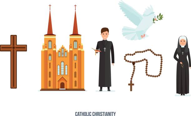 katholische kreuz, kathedrale, priester und nonne, taube mit zweig, gottheit - nun stock-grafiken, -clipart, -cartoons und -symbole
