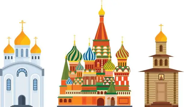 Vector illustration of Monuments architecture, famous Orthodox Church of St. Basil Blessed, cathedral