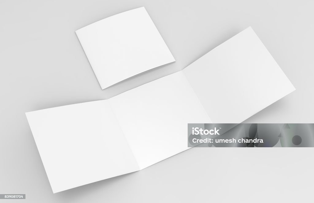 Blank white empty square tri fold catalogs brochure flyer, with clipping path, changeable background for mock up and template design. 3d render illustration. Blank white empty square tri fold catalogs brochure flyer, with clipping path, changeable background for mock up and template design. Brochure Stock Photo