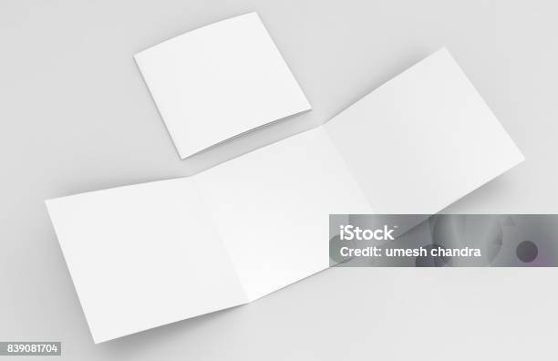 Blank White Empty Square Tri Fold Catalogs Brochure Flyer With Clipping Path Changeable Background For Mock Up And Template Design 3d Render Illustration Stock Photo - Download Image Now