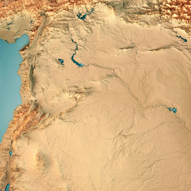 Syria Country 3D Render Topographic Map 3D Render of a Topographic Map of Syria, Middle East.
All source data is in the public domain.
Color texture: Made with Natural Earth. 
http://www.naturalearthdata.com/downloads/10m-raster-data/10m-cross-blend-hypso/
Relief texture and Rivers: SRTM data courtesy of USGS. URL of source image: 
https://e4ftl01.cr.usgs.gov//MODV6_Dal_D/SRTM/SRTMGL1.003/2000.02.11/
Water texture: SRTM Water Body SWDB:
https://dds.cr.usgs.gov/srtm/version2_1/SWBD/ euphrates syria stock pictures, royalty-free photos & images