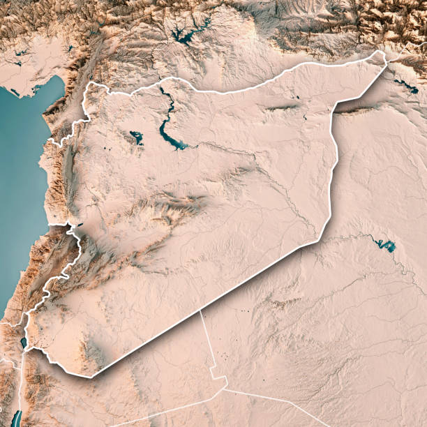 Syria Country 3D Render Topographic Map Neutral Border 3D Render of a Topographic Map of Syria, Middle East.
All source data is in the public domain.
Boundaries Level 0: Humanitarian Information Unit HIU, U.S. Department of State (database: LSIB)
http://geonode.state.gov/layers/geonode%3ALSIB7a_Gen
Relief texture and Rivers: SRTM data courtesy of USGS. URL of source image: 
https://e4ftl01.cr.usgs.gov//MODV6_Dal_D/SRTM/SRTMGL1.003/2000.02.11/
Water texture: SRTM Water Body SWDB:
https://dds.cr.usgs.gov/srtm/version2_1/SWBD/ euphrates syria stock pictures, royalty-free photos & images