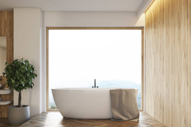 istock Big window wooden bathroom interior, tree 839113292
