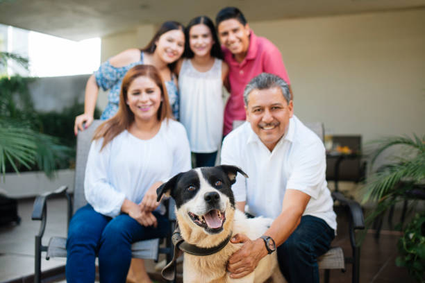 istock Happy family with dog smiling at camera 839118638