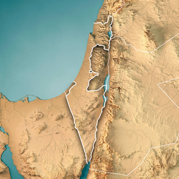Israel Country 3D Render Topographic Map Border 3D Render of a Topographic Map of Israel, Middle East.
All source data is in the public domain.
Color texture: Made with Natural Earth. 
http://www.naturalearthdata.com/downloads/10m-raster-data/10m-cross-blend-hypso/
Boundaries Level 0: Humanitarian Information Unit HIU, U.S. Department of State (database: LSIB)
http://geonode.state.gov/layers/geonode%3ALSIB7a_Gen
Relief texture and Rivers: SRTM data courtesy of USGS. URL of source image: 
https://e4ftl01.cr.usgs.gov//MODV6_Dal_D/SRTM/SRTMGL1.003/2000.02.11/
Water texture: SRTM Water Body SWDB:
https://dds.cr.usgs.gov/srtm/version2_1/SWBD/ israel egypt border stock pictures, royalty-free photos & images