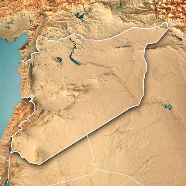 Syria Country 3D Render Topographic Map Border 3D Render of a Topographic Map of Syria, Middle East.
All source data is in the public domain.
Color texture: Made with Natural Earth. 
http://www.naturalearthdata.com/downloads/10m-raster-data/10m-cross-blend-hypso/
Boundaries Level 0: Humanitarian Information Unit HIU, U.S. Department of State (database: LSIB)
http://geonode.state.gov/layers/geonode%3ALSIB7a_Gen
Relief texture and Rivers: SRTM data courtesy of USGS. URL of source image: 
https://e4ftl01.cr.usgs.gov//MODV6_Dal_D/SRTM/SRTMGL1.003/2000.02.11/
Water texture: SRTM Water Body SWDB:
https://dds.cr.usgs.gov/srtm/version2_1/SWBD/ euphrates syria stock pictures, royalty-free photos & images