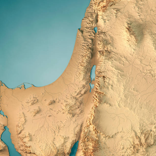 3D Render of a Topographic Map of Israel, Middle East.
All source data is in the public domain.
Color texture: Made with Natural Earth. 
http://www.naturalearthdata.com/downloads/10m-raster-data/10m-cross-blend-hypso/
Relief texture and Rivers: SRTM data courtesy of USGS. URL of source image: 
https://e4ftl01.cr.usgs.gov//MODV6_Dal_D/SRTM/SRTMGL1.003/2000.02.11/
Water texture: SRTM Water Body SWDB:
https://dds.cr.usgs.gov/srtm/version2_1/SWBD/