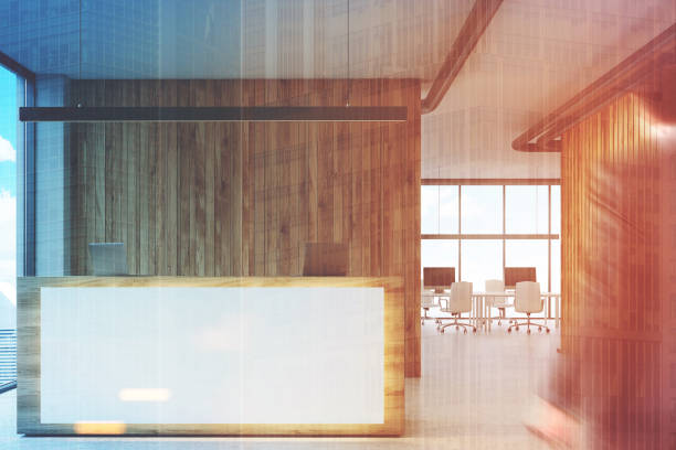 istock White and wooden reception, meeting room front men 839127738