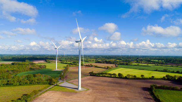 Aerial photo of wind turbines in the countryside stock photo
