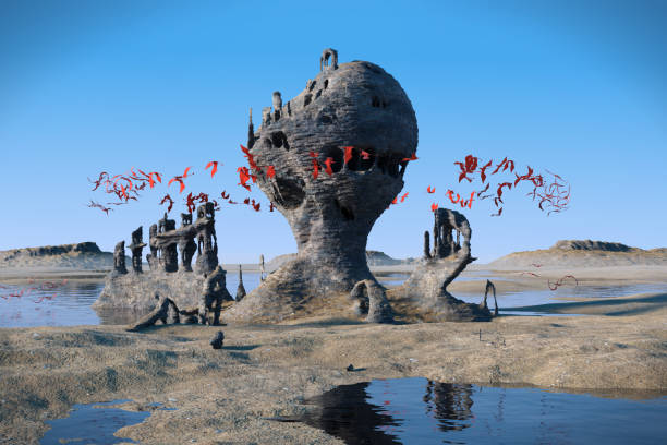 istock flying red creatures swarming around mysterious rock formations in a beautiful landscape 839132426