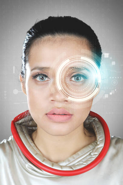 istock Futuristic woman with a virtual hologram 839132490