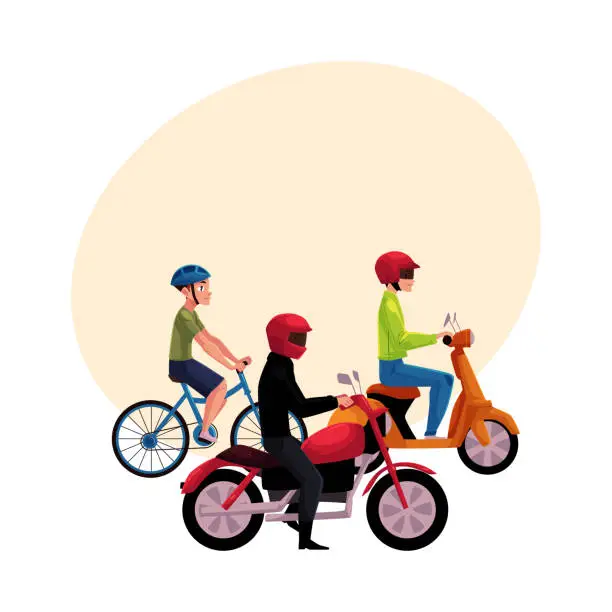 Vector illustration of Motorcycle, scooter and bicycle drivers, riders wearing helmet, side vew