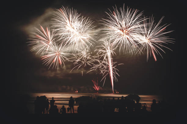 istock Beautiful large and colorful fireworks with unrecognizable crowd silhouettes people watching the show 839146574