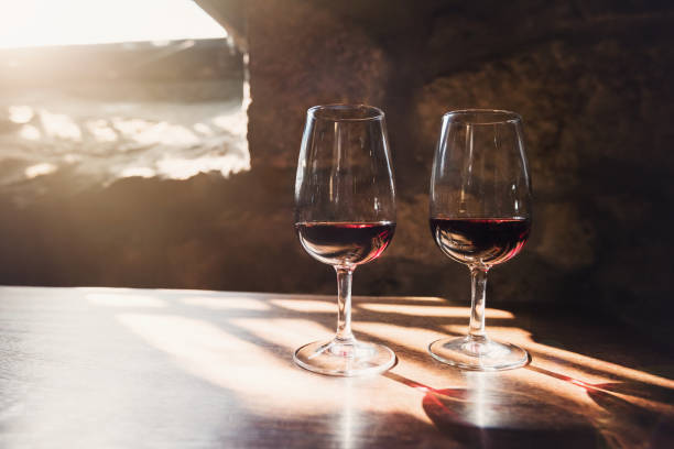 red wine in glasses, wine tasting concept - vinho do porto imagens e fotografias de stock