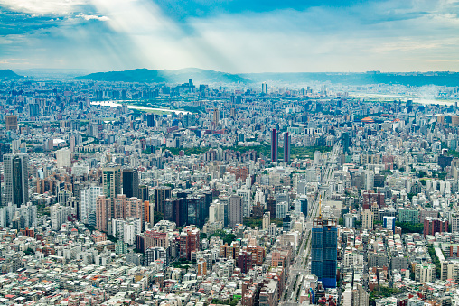 Downtown Taipei, the capital city of Taiwan, seen from a helicopter during the afternoon.