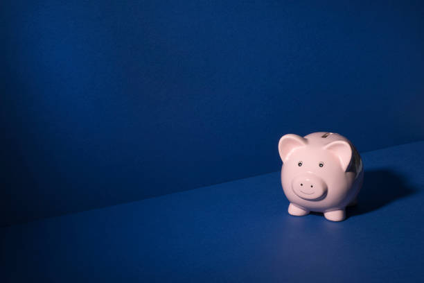 istock Smiling Piggy Bank Over Blue Background Copy Space 839165736