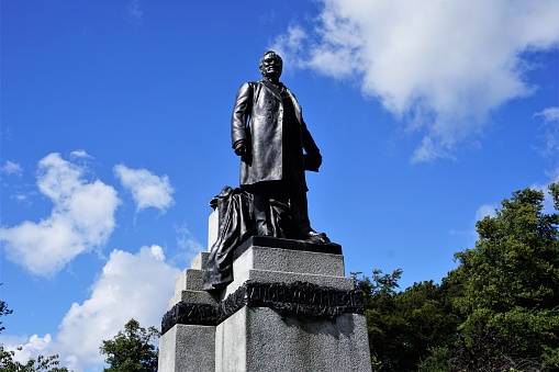 Dunfermline, Scotland - Aug 17, 2017:  Andrew Carnegie was born in Dunfermline in 1835 before migrating to Pittsburgh, USA and making his fortune in the steel industry. A number of public educational and cultural establishments, plus Pittencrieff Park are testimony to his philanthropic legacy for his home town.
