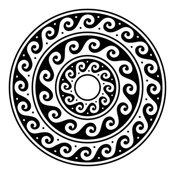 grecka mandla wektorowa, starożytna okrągła sztuka meandrów w kręgu odizolowanym na białym - key pattern stock illustrations