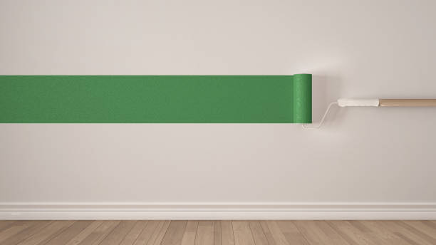 istock Empty room with paint rollers and painted marking, wooden floor, white and green minimalist interior design 839175480