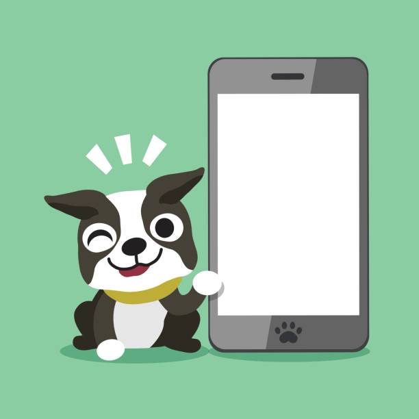 istock Cartoon boston terrier dog and big smartphone 839178330
