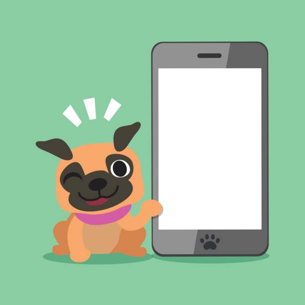 istock Cartoon pug dog and big smartphone 839178450