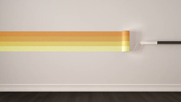 istock Empty room with paint rollers and painted marking, wooden floor, white and yellow minimalist interior design 839178484