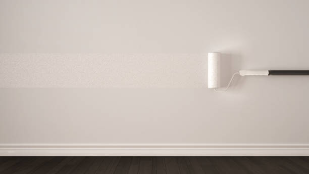 istock Empty room with paint rollers and painted marking, wooden floor, white minimalist interior design 839178598