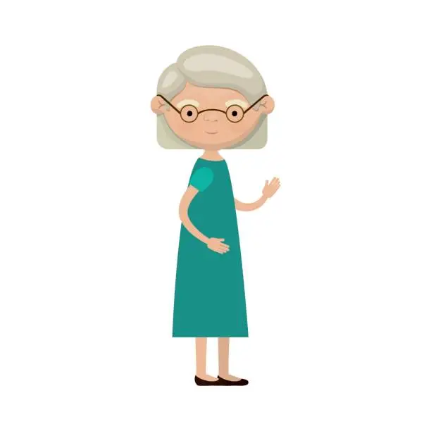 Vector illustration of colorful full body elderly woman in dress with short hairstyle and glasses