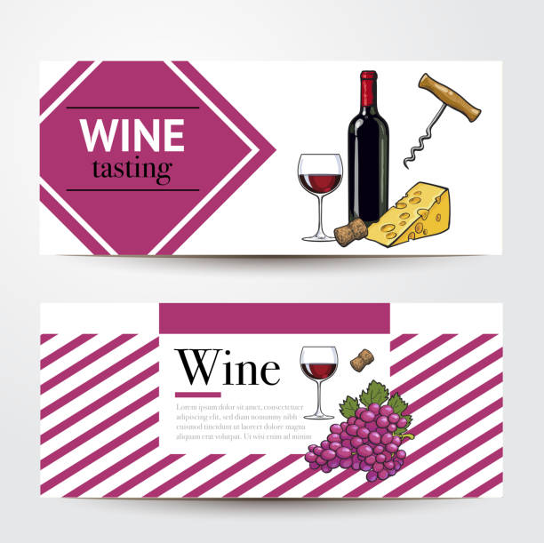 ilustraciones, imágenes clip art, dibujos animados e iconos de stock de banners con botella de vino, vidrio, uvas, queso, sacacorchos y texto - cheese wine white background grape