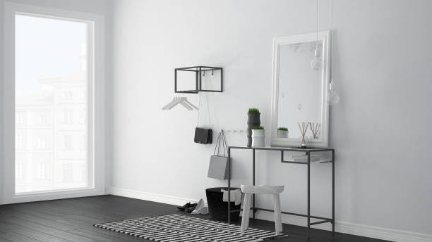 istock Scandinavian entrance lobby hall with table, stool, carpet and mirror, minimalist white and gray interior design 839200426