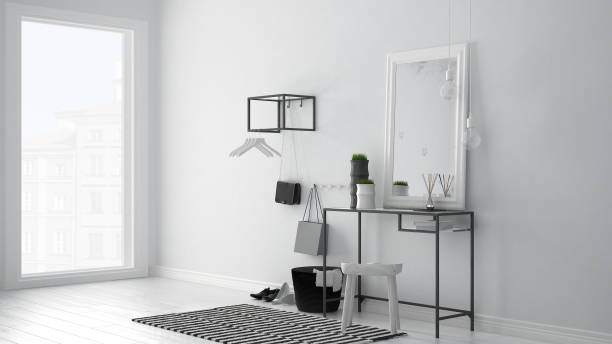 istock Scandinavian entrance lobby hall with table, stool, carpet and mirror, minimalist white interior design 839209848