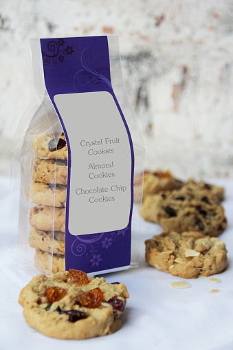 a package of crystal fruit, almond and chocolate chip cookies