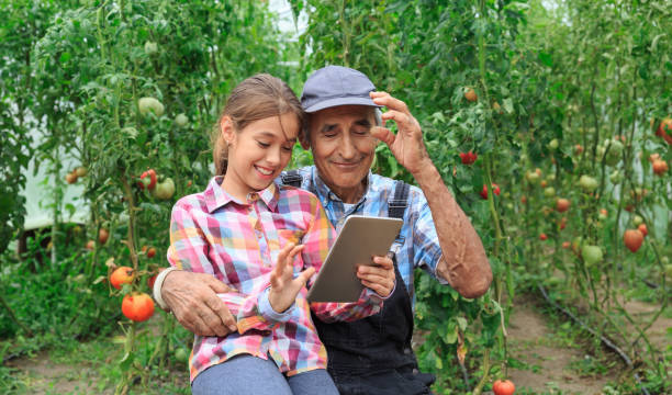 little girl and mature farmer using tablet in the garden - casual granddaughter farmer expressing positivity imagens e fotografias de stock