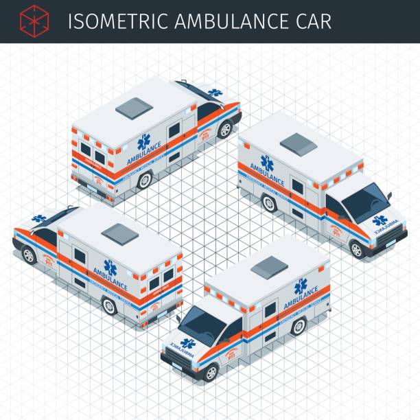 ilustrações de stock, clip art, desenhos animados e ícones de isometric ambulance car - emergency services car urgency isometric